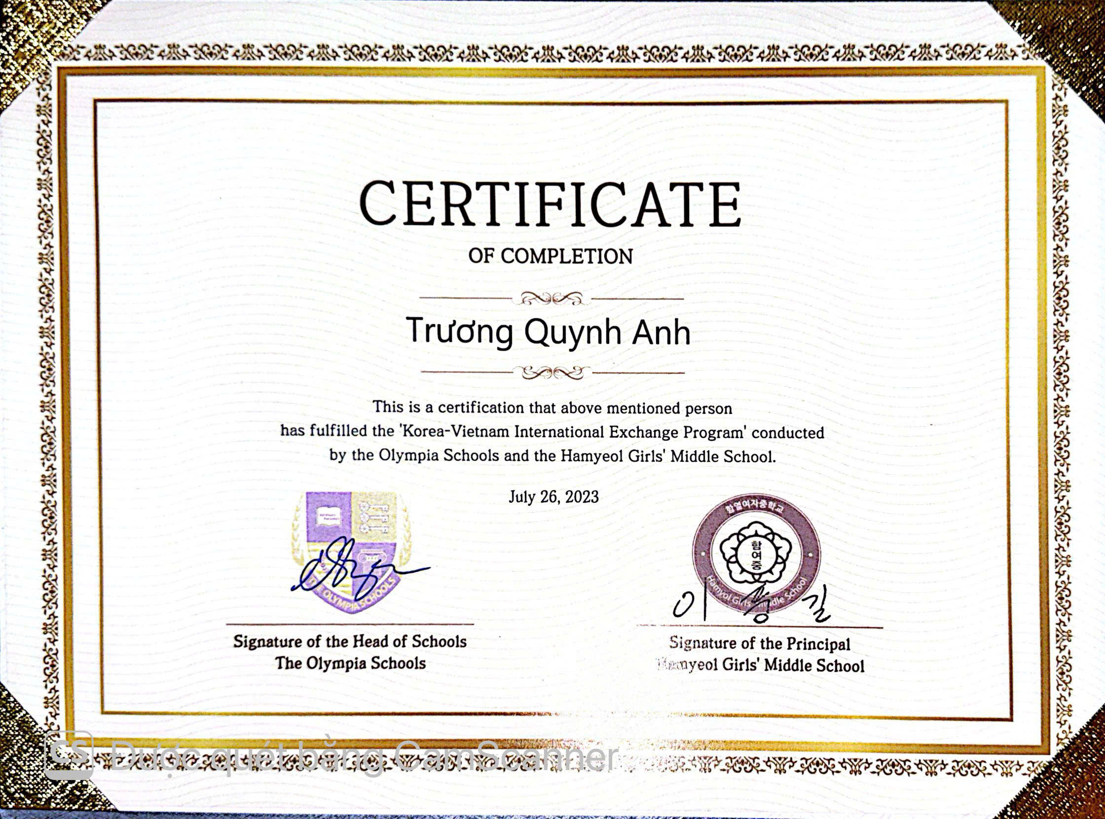 Korea-Vietnam International Exchange Certificate