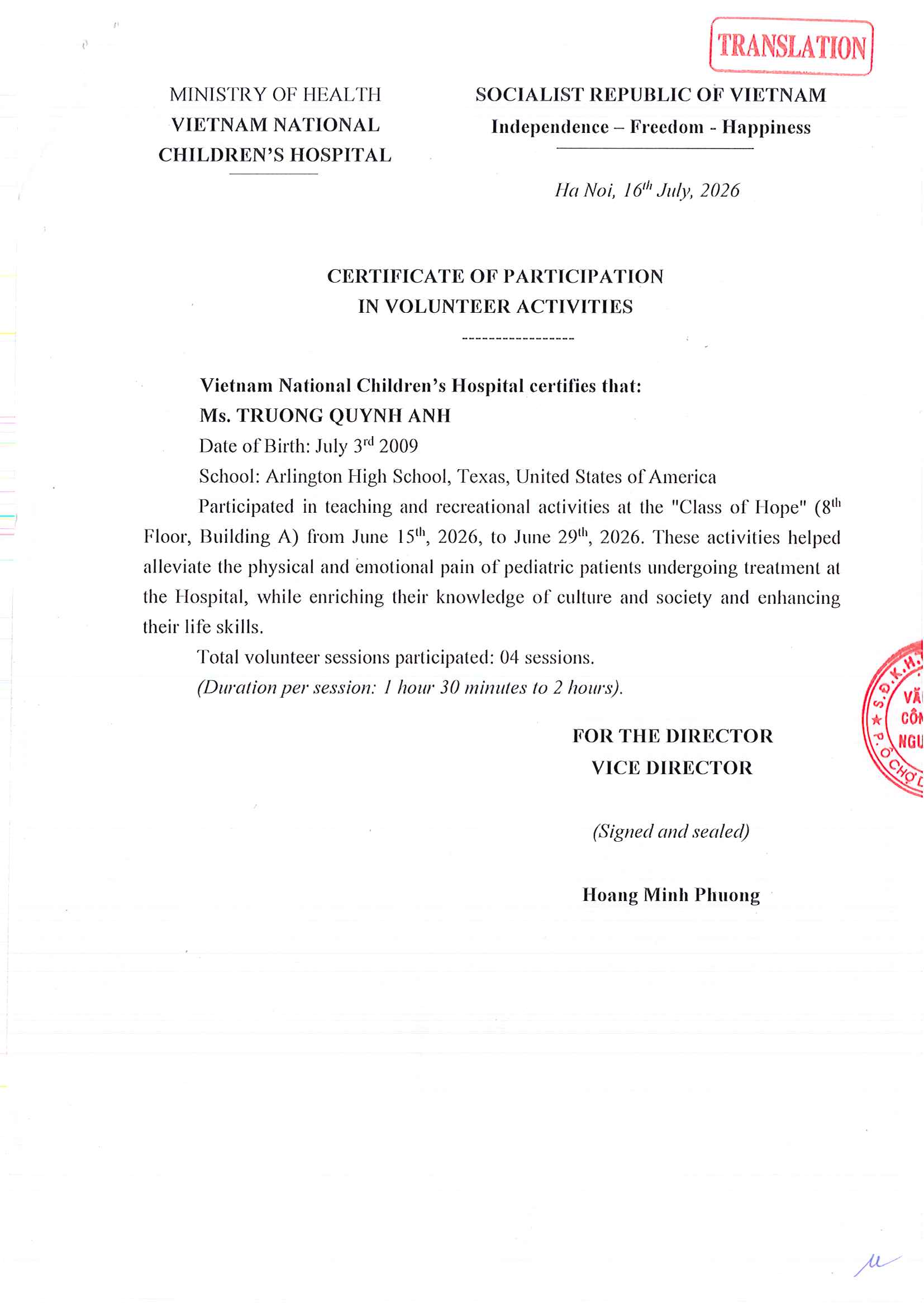 Vietnam National Children's Hospital Certificate