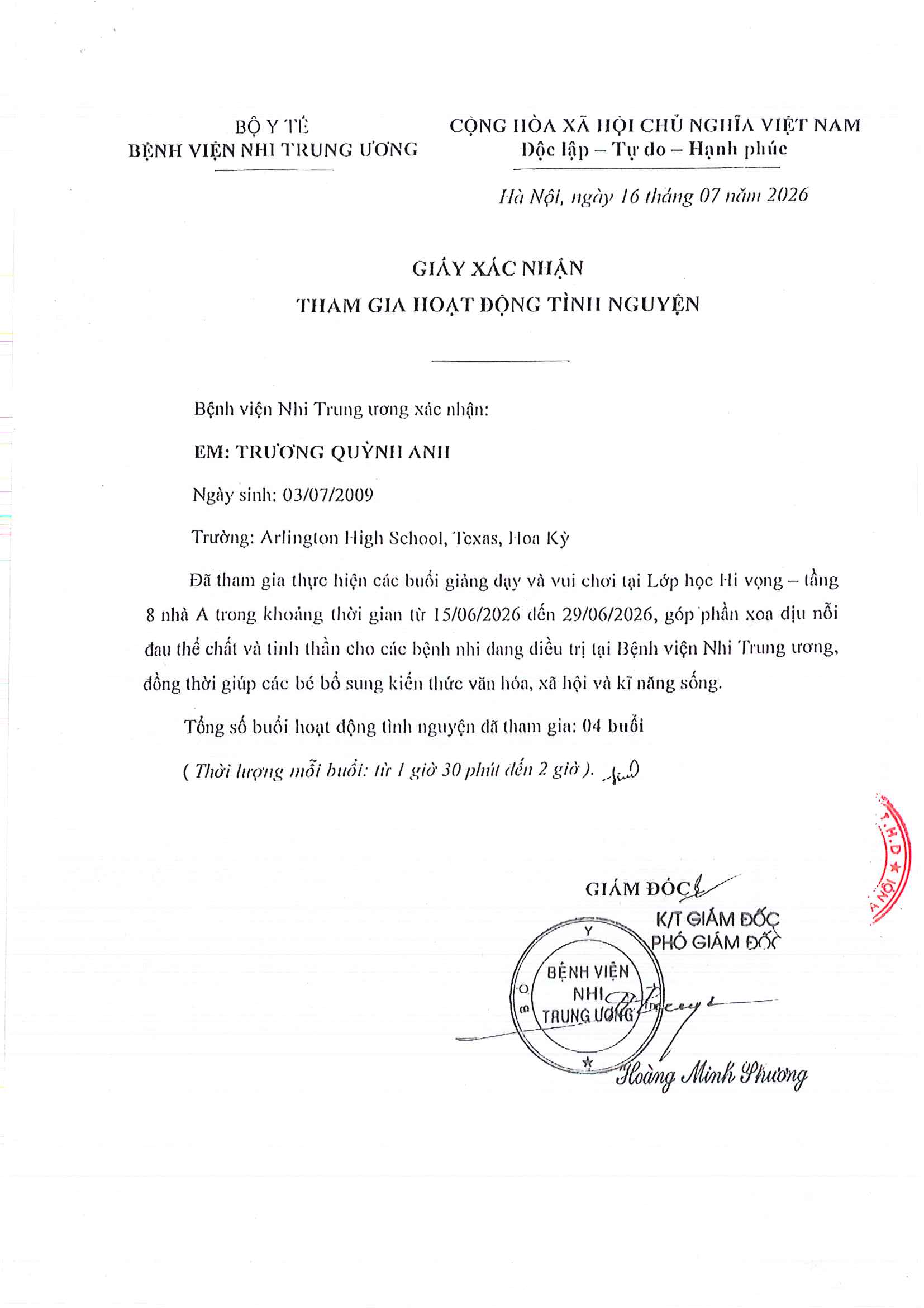 Vietnam National Children's Hospital Official Certificate