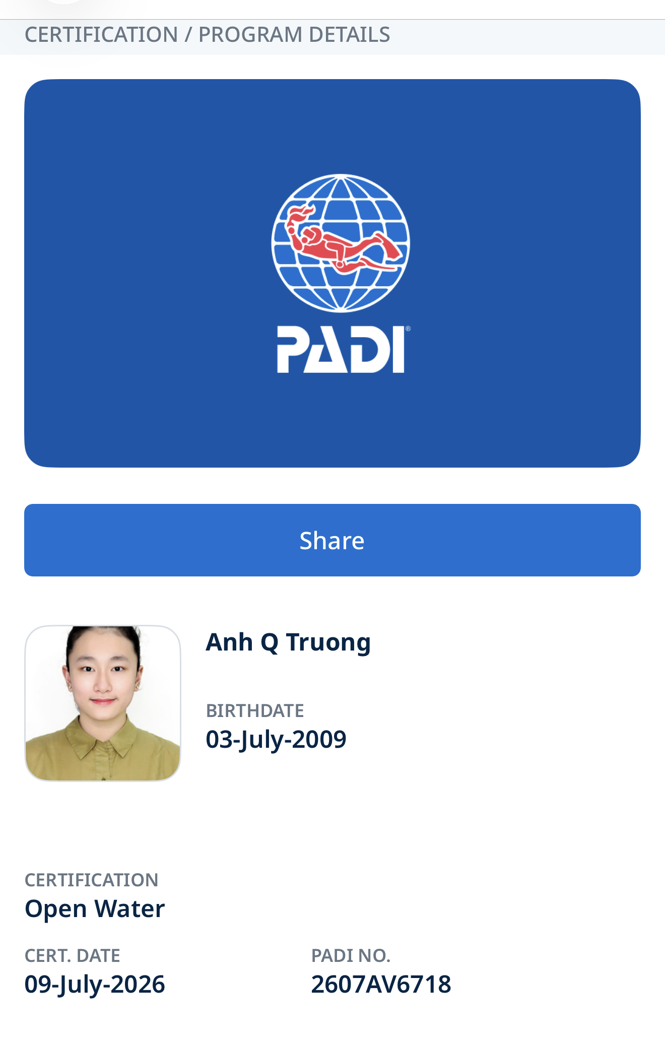 PADI Open Water Diver Certificate