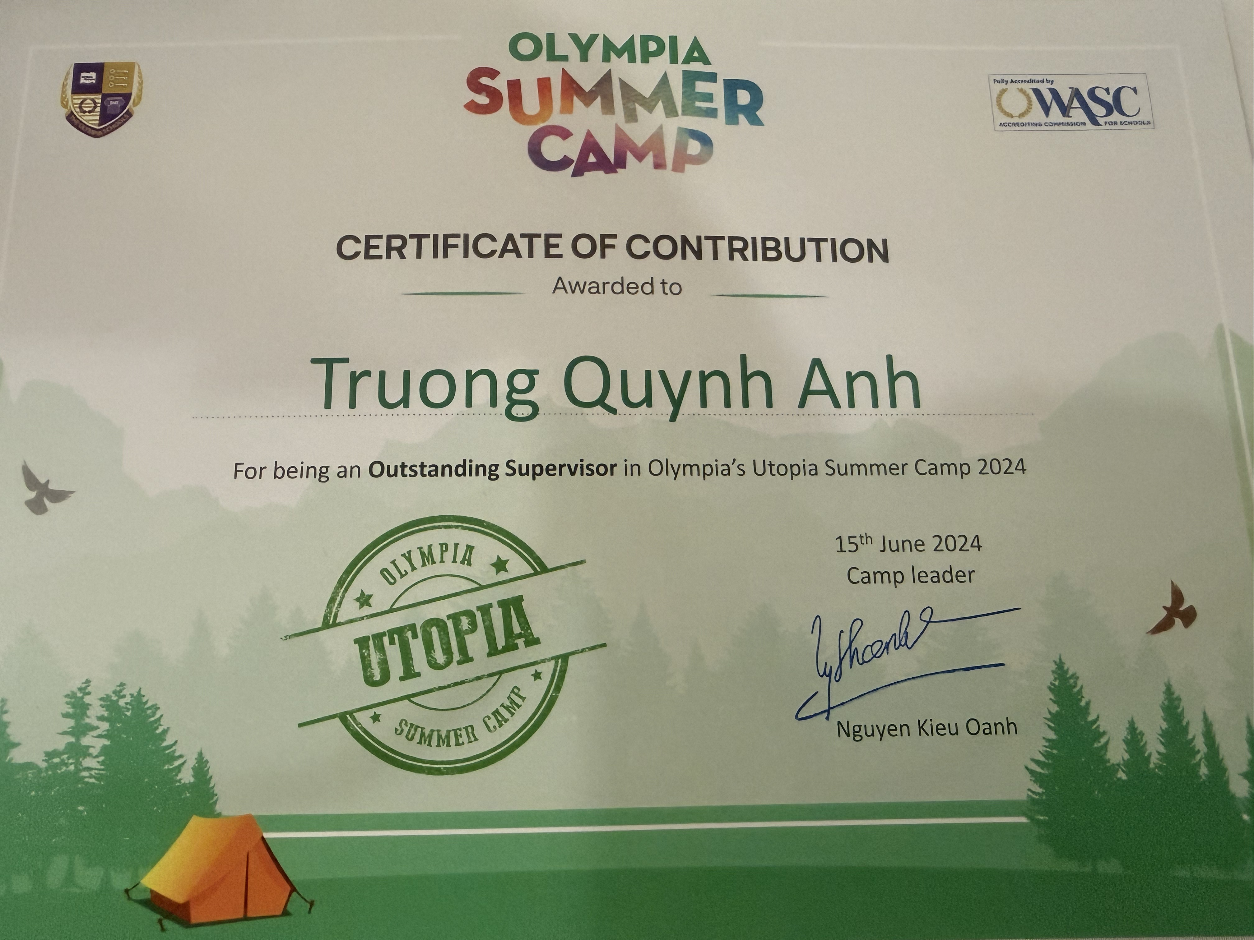 Olympia Utopia Summer Camp 2024 Certificate