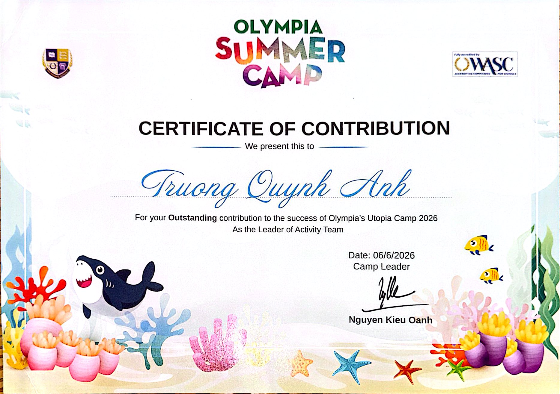 Olympia Utopia Summer Camp 2026 Certificate